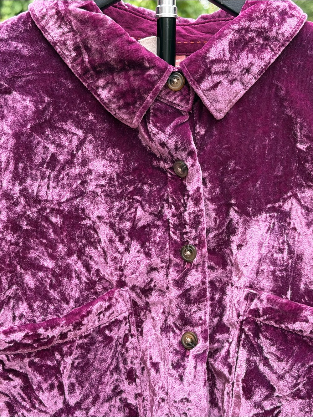 Pilcro Crushed Velvet Button-Front Top in Deep Magenta